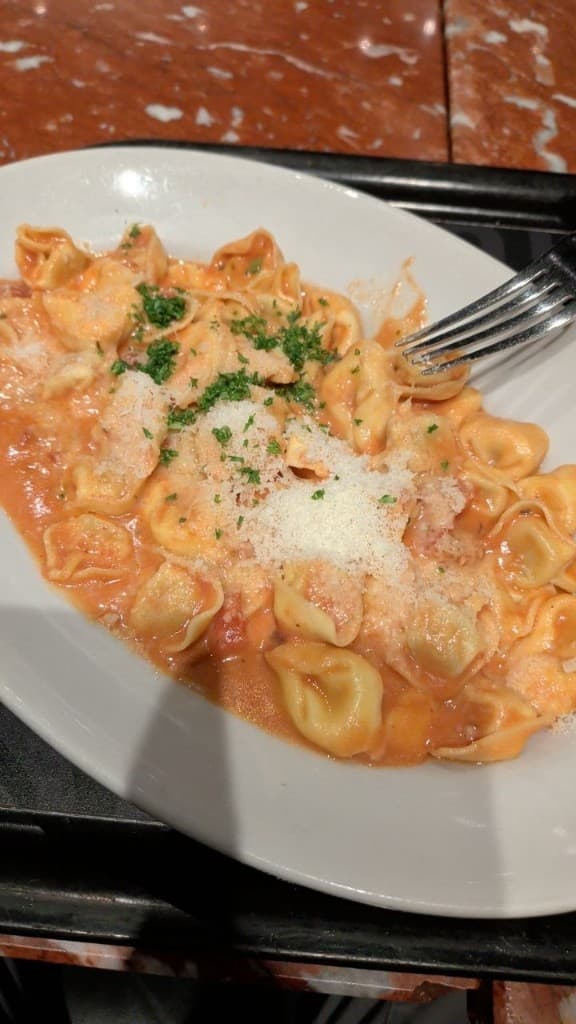 Plate of tortellini in creamy tomato sauce with parmesan and parsley